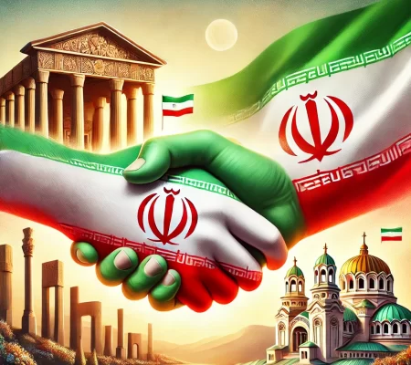 DALL·E 2025-03-18 03.30.25 - A symbolic illustration representing the Iran-Bulgaria Friendship Association. The image features a handshake between two stylized hands, one with the - Copy
